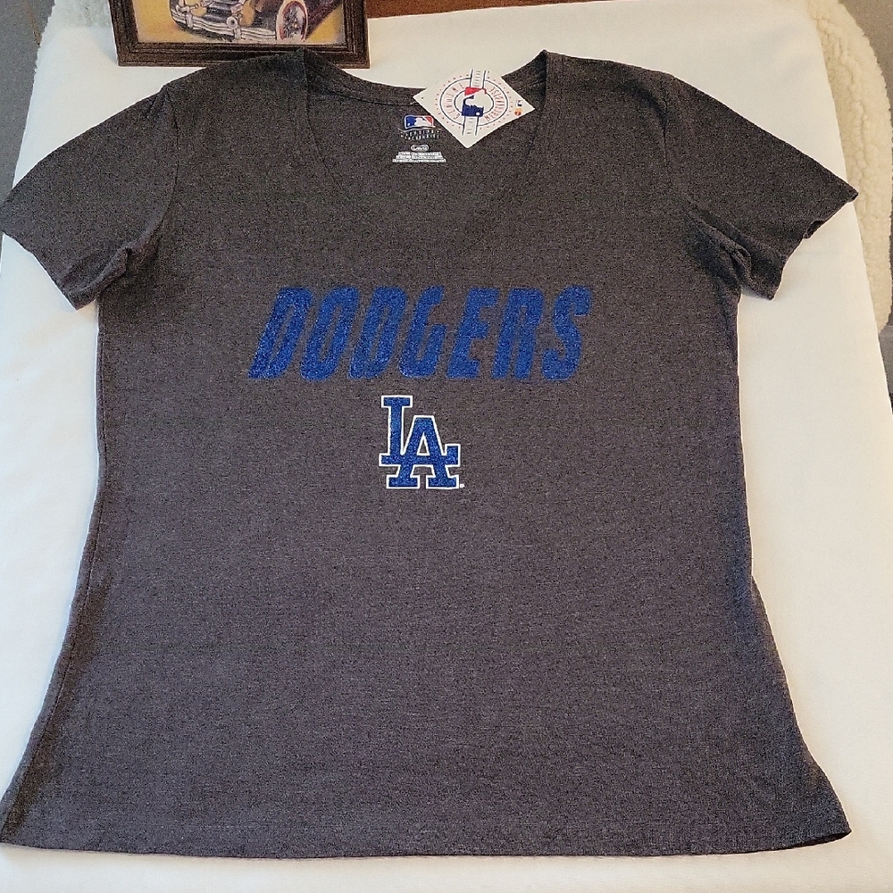 Genuine Merchandise Dodgers Dark Gray T-Shirt Sparkle Blue Logo Lg